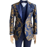 Jacquard Floral Tuxedo Suits for Men Wedding Slim Fit Navy Blue and Gold Gentleman Jacket with Vest Pant 3 Pieces Male Costume